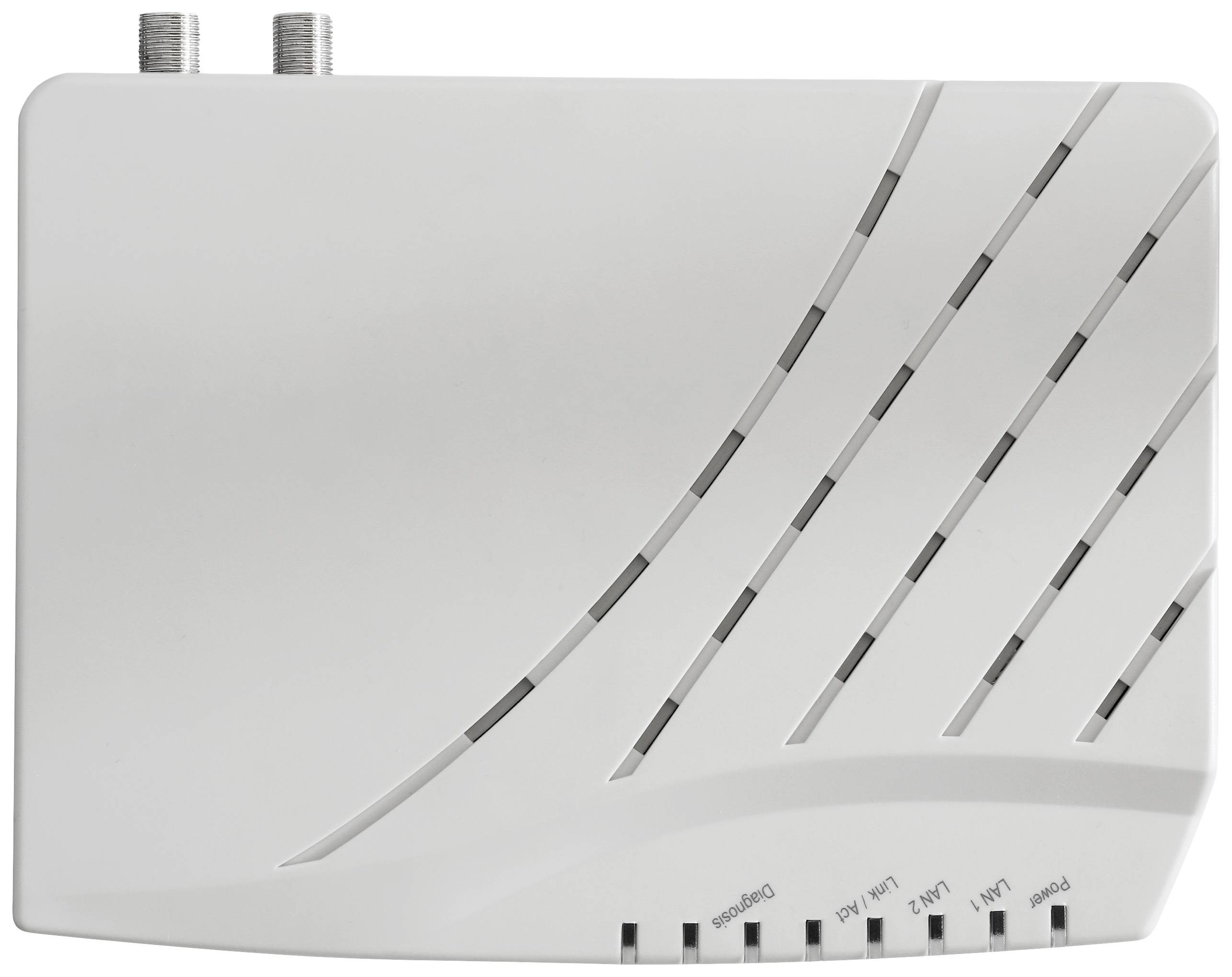 Bijeli modem s nekoliko dijagonalnih ventilacijskih proreza i priključaka na vrhu. Na dnu se nalaze LED indikatori.