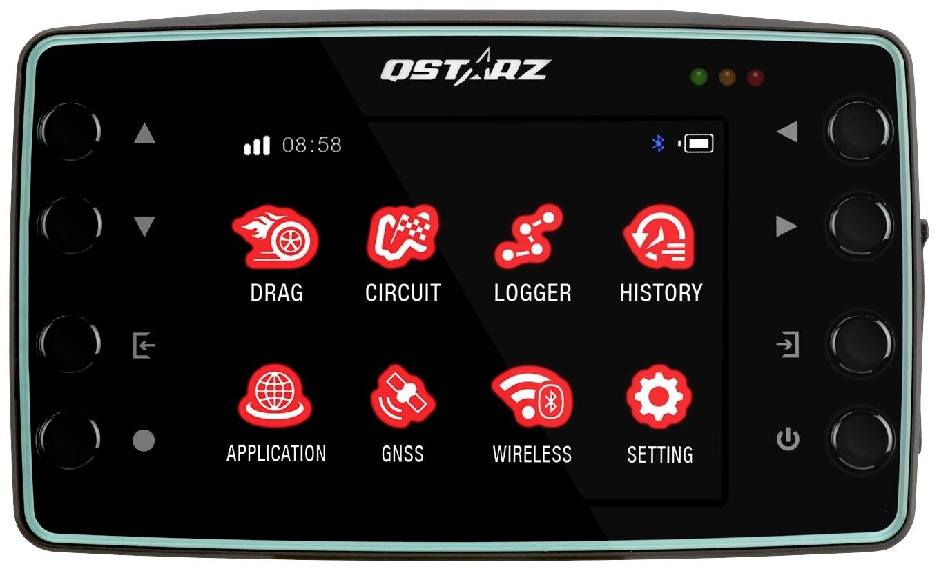 Elektronički uređaj s zaslonom prikazuje simbole funkcija: Drag, Circuit, Logger, History, Application, GNSS, Wireless, Setting. Trenutno je 08:58 sati.