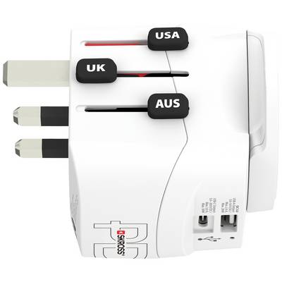 Adapter s uvlačivim utikačima za UK, SAD i Australiju. Prikazuje USB priključke i prekidač za prilagodbu zemlji.