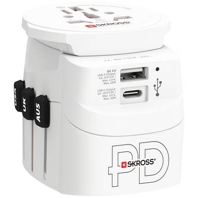 Putni mrežni adapter s USB priključcima i kliznim sklopkama za različite međunarodne utičnice, marke SKROSS. Pogodan za međunarodnu upotrebu.