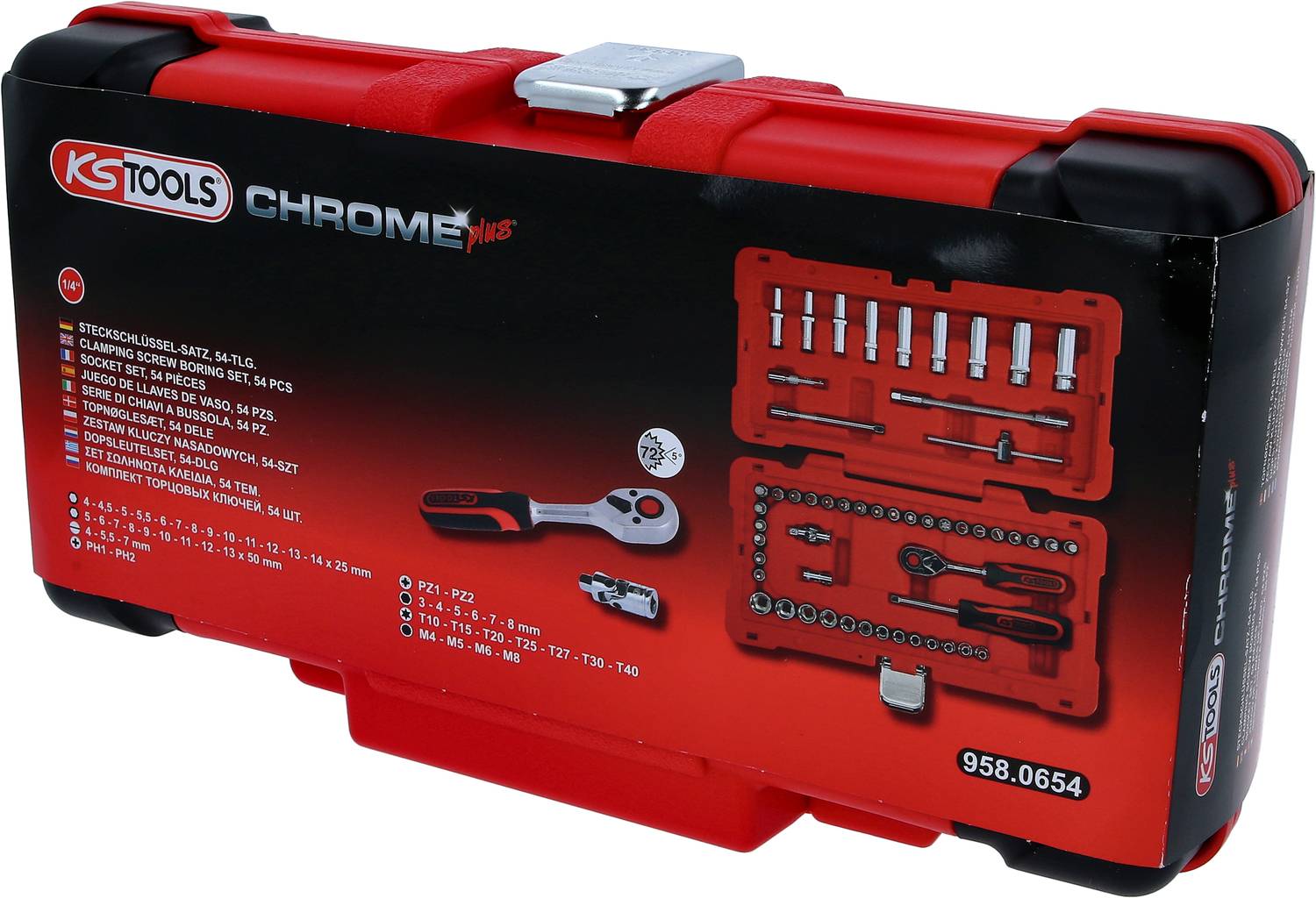 Crveni kovčeg za alat s crnim rubom i metalnim brave, sadržava različite nasadne ključeve i pribor, marke 'KS Tools'.