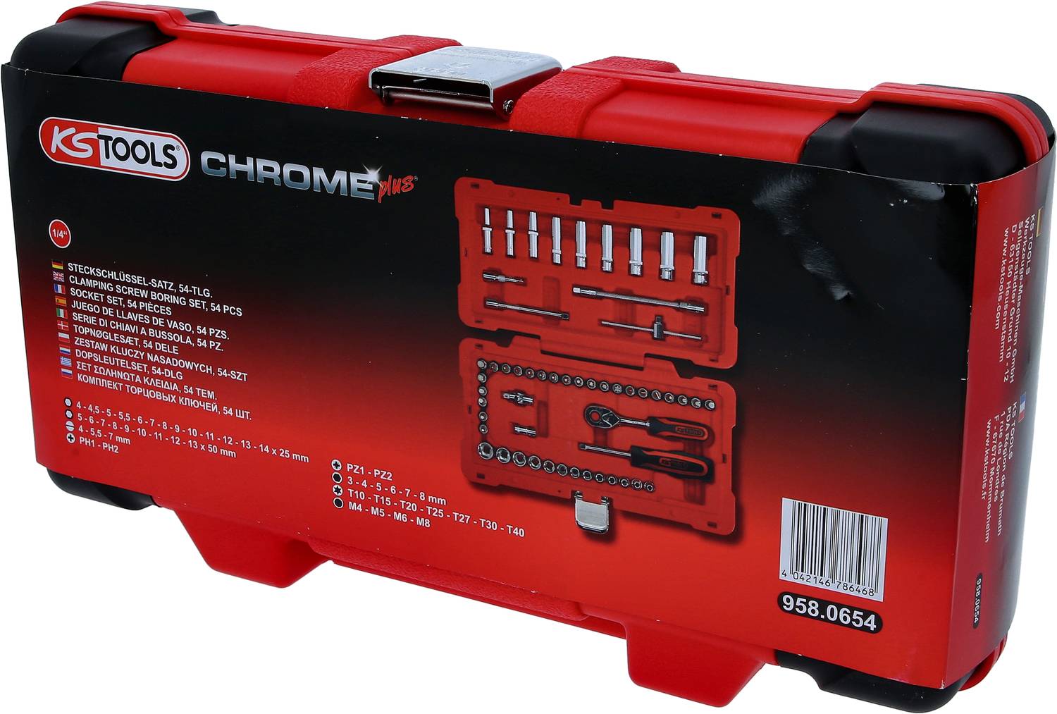 Crveni set alata marke KS Tools, serija 'Chrome Plus', prikazan s unutarnjim dijelovima: nasadni ključevi i bitovi u različitim veličinama.