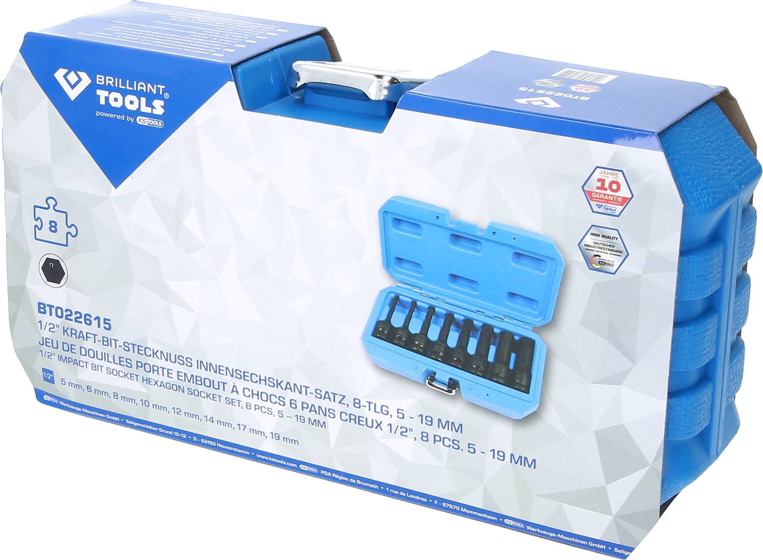 Plavi kofer sa 8-djelnim setom nasadnih ključeva za snagu s nastavcima (5-19 mm), logo brenda 'Brilliant Tools', napomena o 10 godina jamstva.