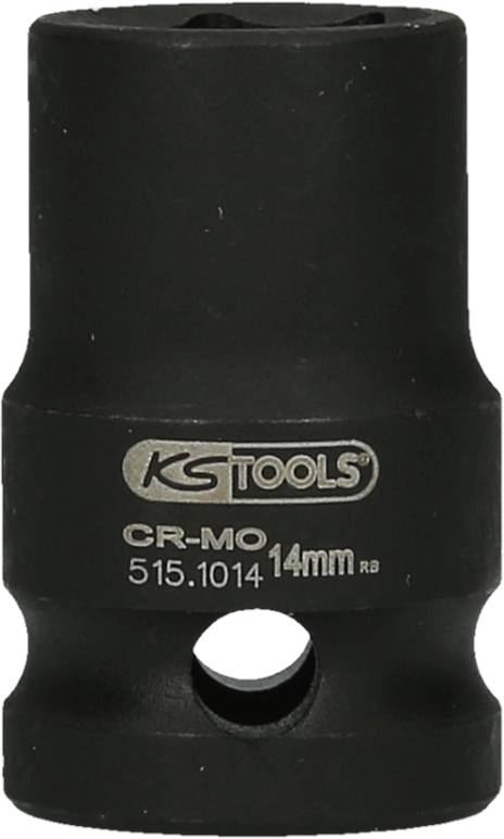 Crni nasadni ključ KS Tools, 14 mm, izrađen od CR-MO materijala. Ima bočni otvor i ugravirane podatke o proizvodu.