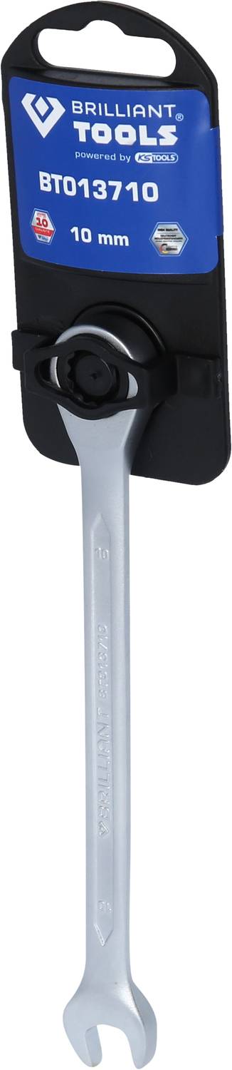Univerzalni ključ s natpisom 'BRILLIANT TOOLS'. Veličina BT013710, 10 mm. Prezentiran u pakiranju s vješalicom za vješenje.