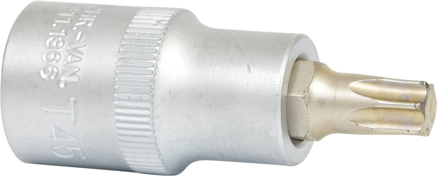 Torx bit umetak T45, kromiran, šesterokutni, izrađen od čelika, s čičak-ručkom za bolji grip, pogodan za upotrebu u alatima.