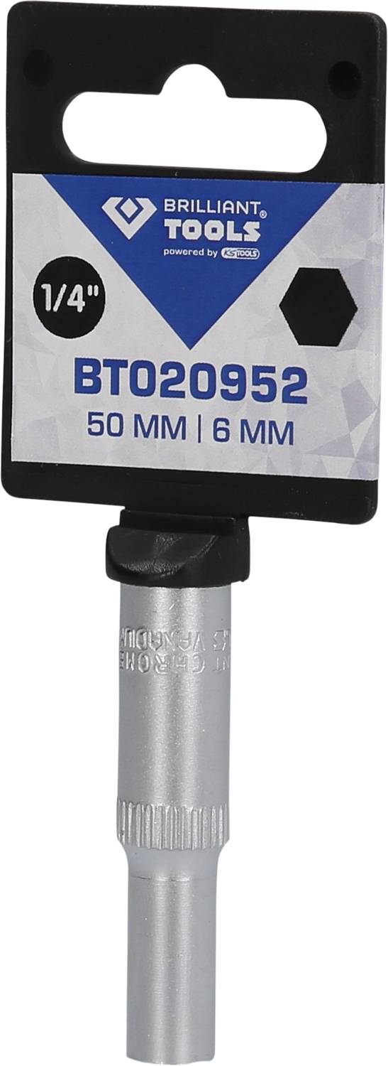 'Brilliant Tools' nasadna čahura oznake 'BT020952', 1/4 inča, dužine 50 mm, šesterokutna 6 mm. Alat za učvršćivanje.