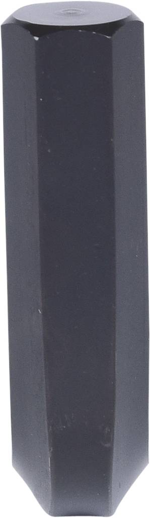 Šesterokutni, tamnosivi metalni štift s poliranim površinama, uspravno postavljen, bez vidljivih oznaka ili natpisa.