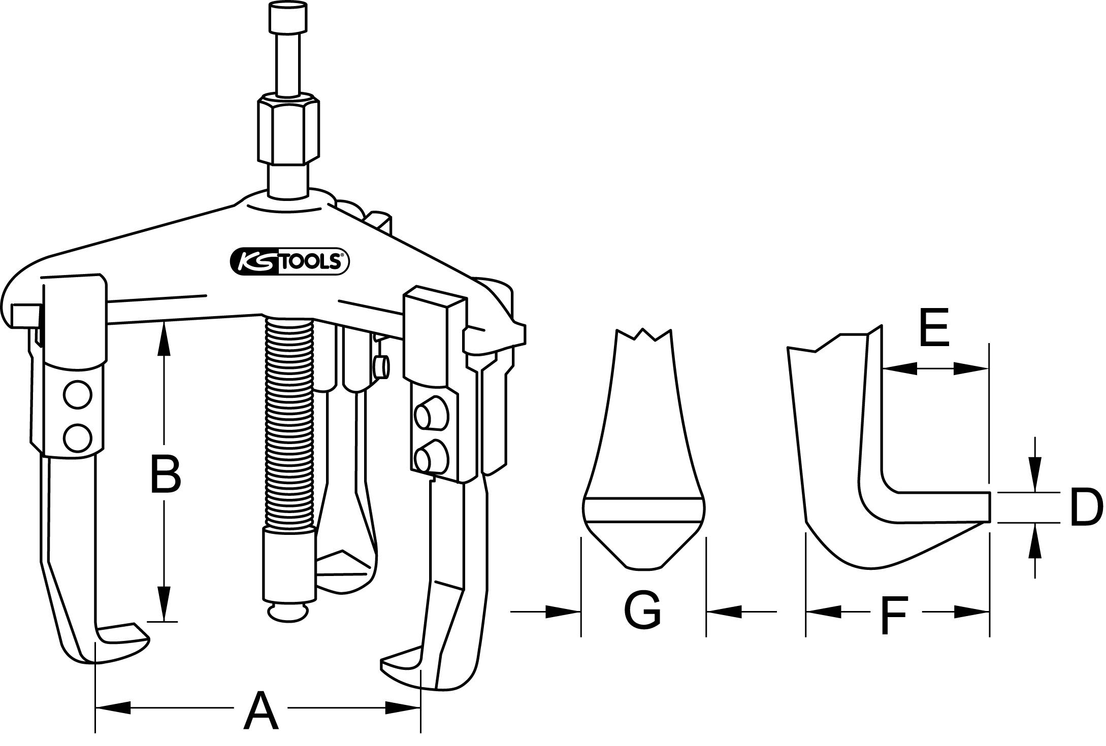 Tehnički nacrt izvlakača. Označeni dijelovi: A=raspon, B=duljina ruke, D=stezanje, E=visina kuke, F=dubina kuke, G=visina vrha.