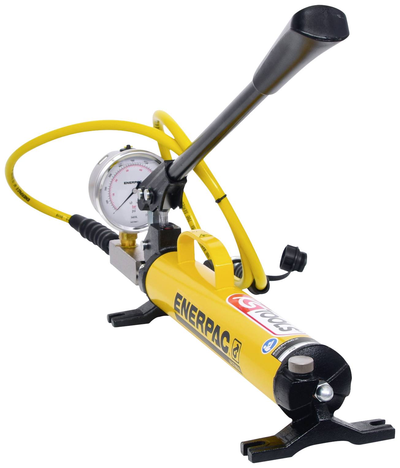 Hidraulička ručna pumpa sa žutom cijevju i mjeračem tlaka, pogodna za industrijske primjene.