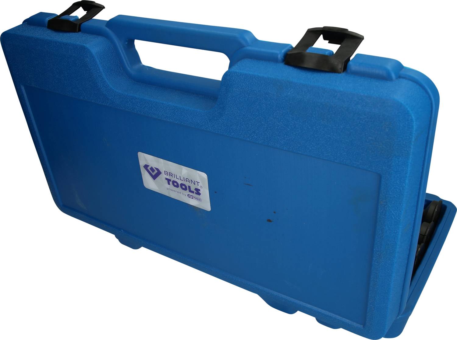 Plavi alat kofer s dva crna zatvarača. Naljepnica s natpisom 'Brilliant Tools' postavljena je na prednjoj strani.