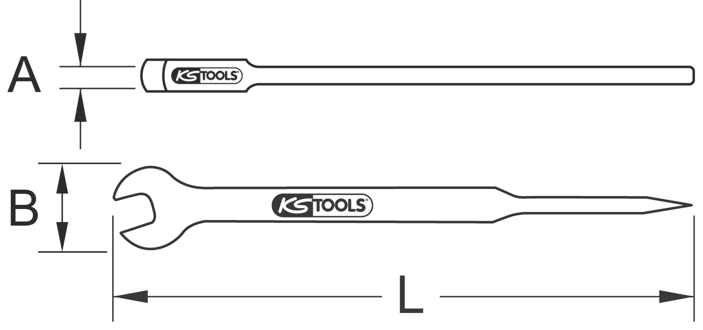 'KS Tools' ključ s ravnom, otvorenom stranom i šiljatom stranom, označene mjere A, B i L.