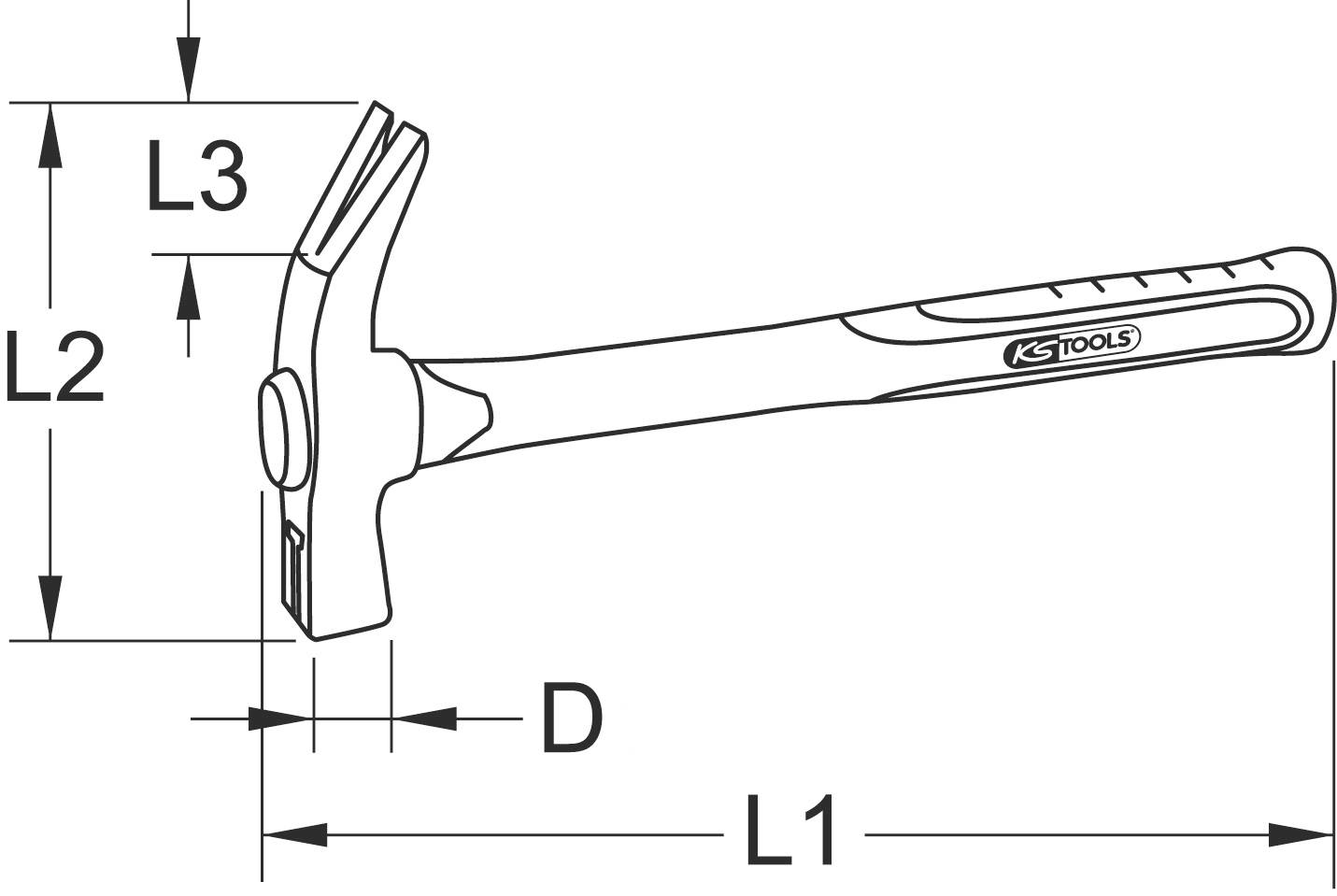 Tehnički nacrt čekića s dimenzijama L1, L2, L3 i D, drška s logotipom 'KS Tools'.