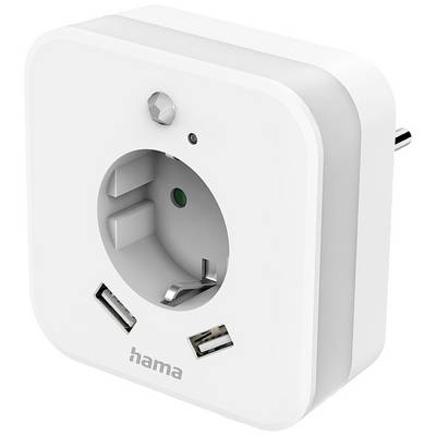 Bijela pametna utičnica s USB priključkom, kontrolnom lampom i natpisom 'hama'.