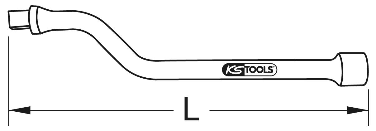 Prikaz zakrivljenog ključa za kotače s logotipom KS Tools-a, prikazuje duljinu 'L'. Alat za montažu i demontažu vijaka kotača.