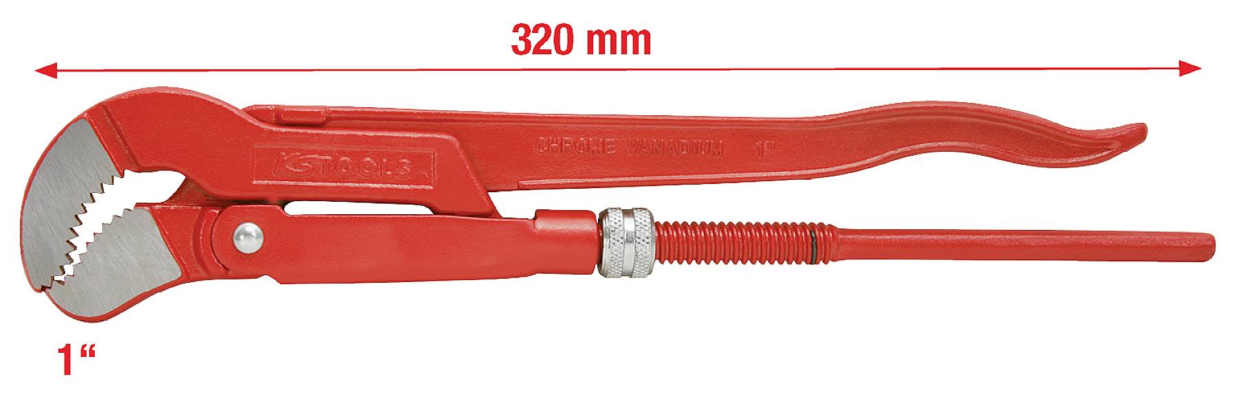 Crvena kliješta za cijevi dužine 320 mm s podesivom veličinom od 1 inča. Pogodna za hvatanje i okretanje cijevi.