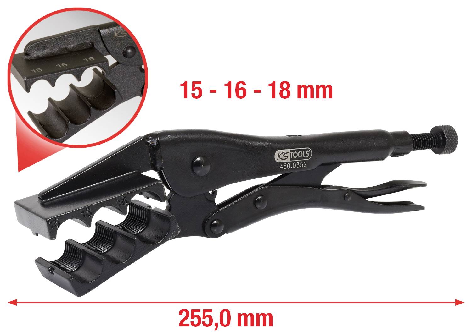 Čeljusti za hvatanje s podesivim čeljustima za veličine cijevi od 15, 16 i 18 mm, crne boje, ukupne duljine 255 mm.
