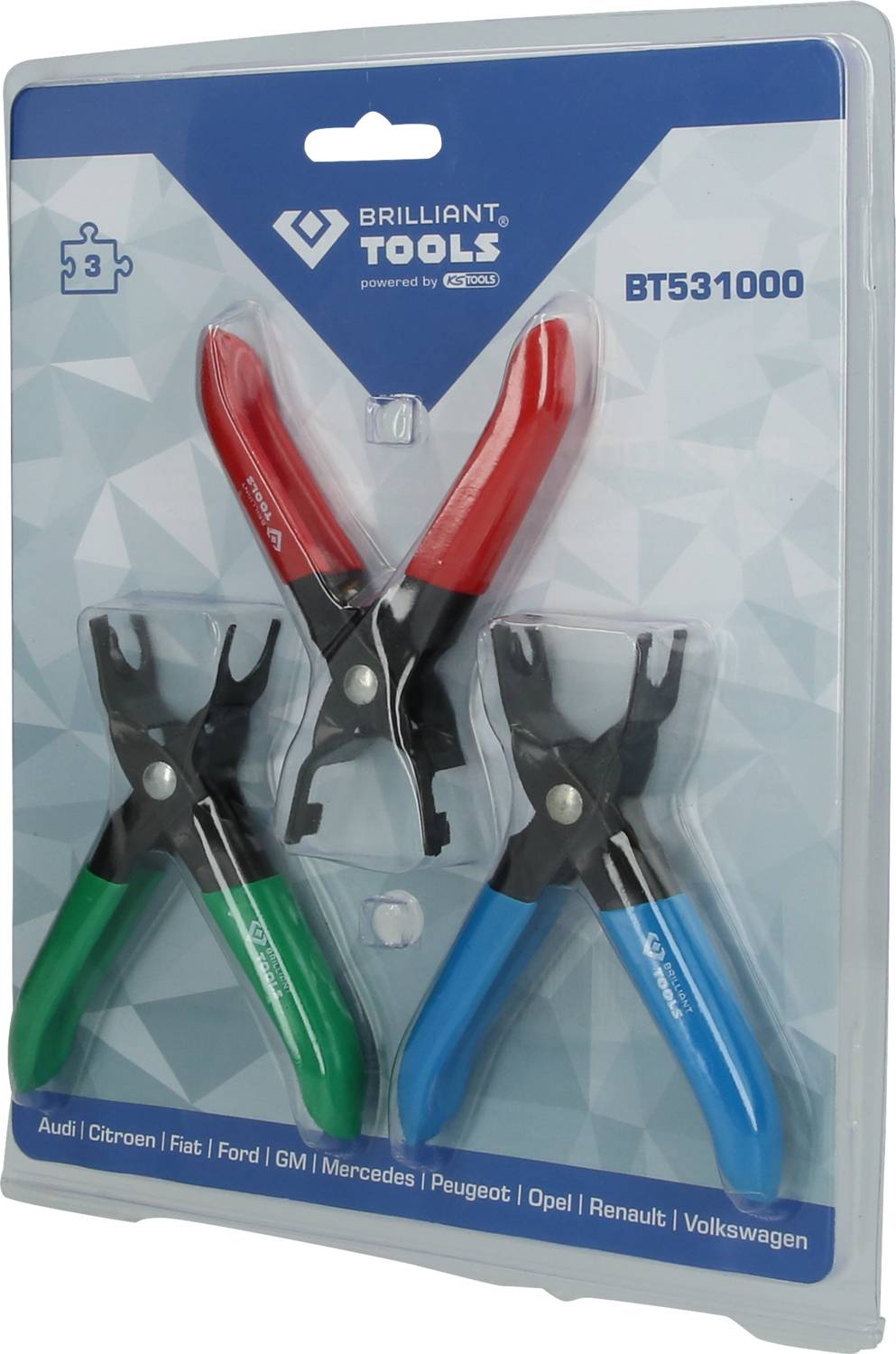 Tri obojene stezaljke (crvene, zelene, plave) u pakiranju, s natpisom "Brilliant Tools". Pogodne za Audi, Citroën, Fiat i dr.
