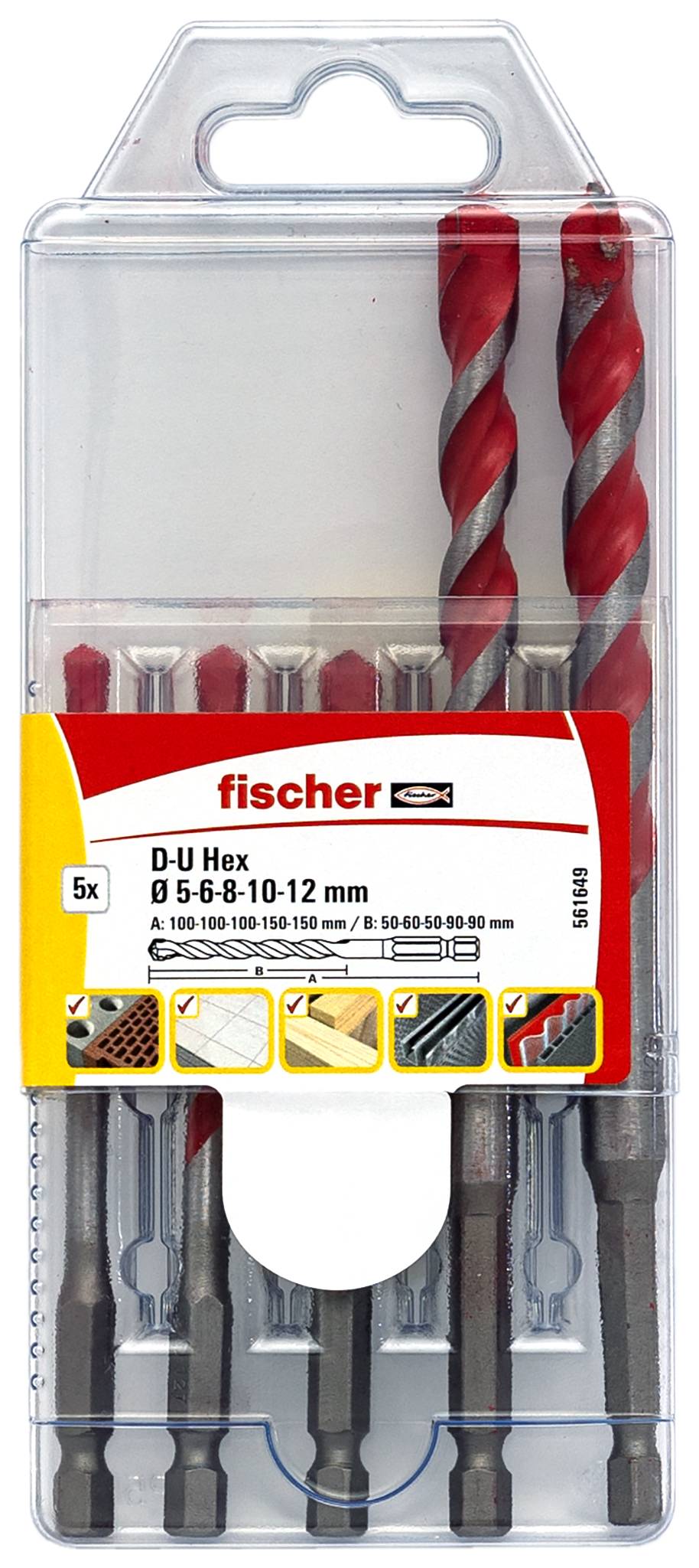Komplet plastičnih svrdla u prozirnoj kutiji, označena s "fischer" i "D-U Hex", vidljiva pet svrdla i dva crveno-srebrna zidarska bita.