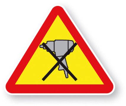 Trokutasti znak upozorenja: Prikaz svrdla s crnim X iznad, čime se signalizira zabrana korištenja.