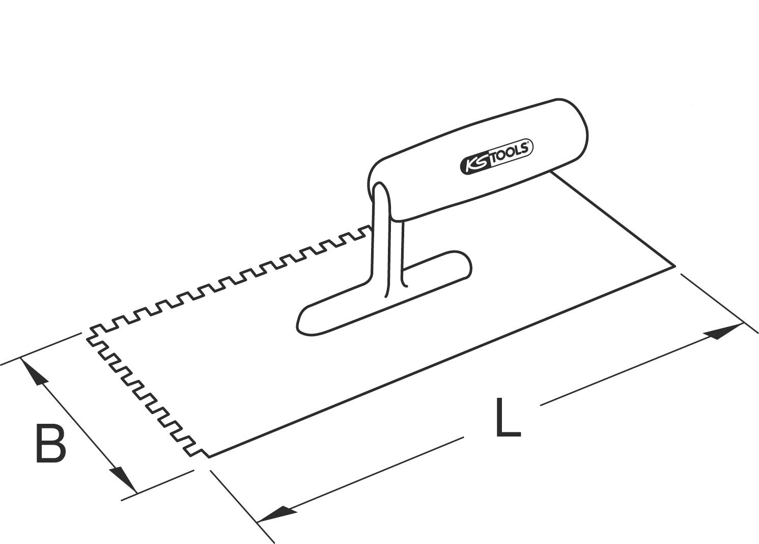 Nacrt spatule za zube s ručkom, označen kao 'KS Tools'. Dimenzije su naznačene kao 'Š' za širinu i 'D' za duljinu.