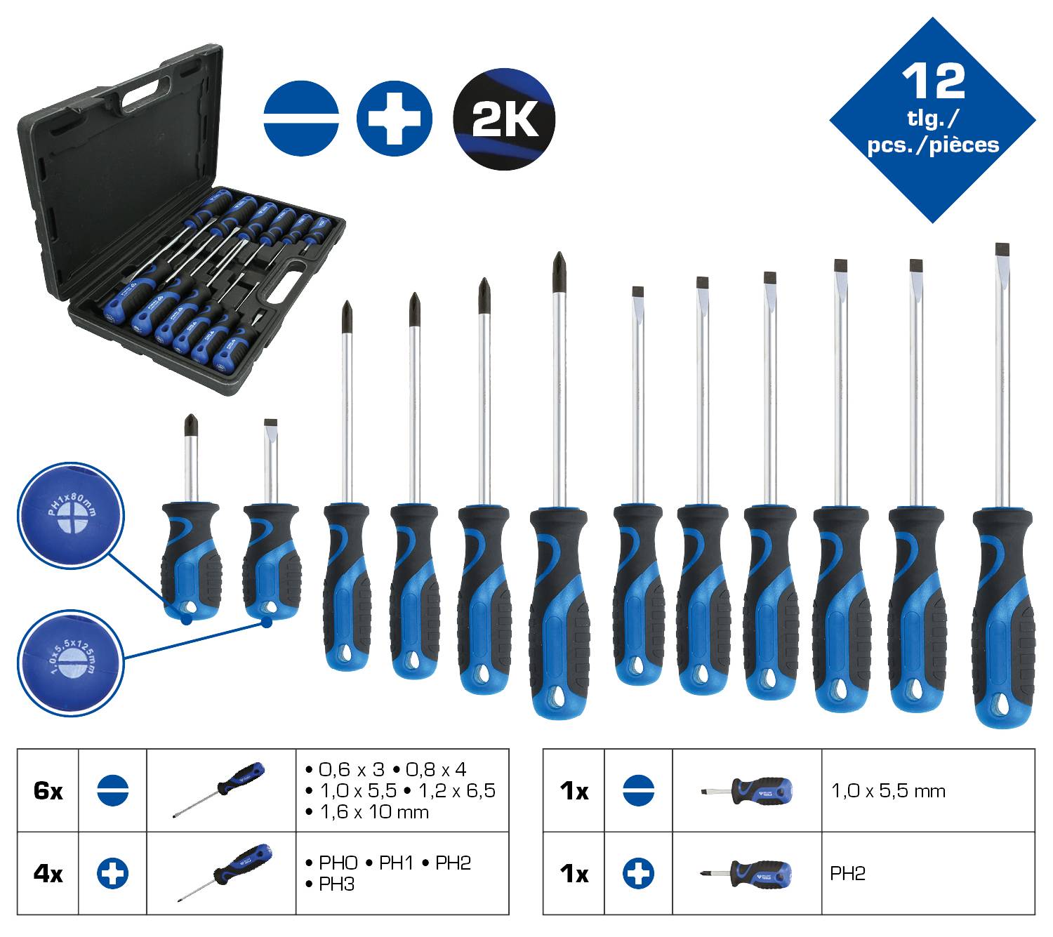 Set odvijača, 12-djelni: 6 križnih i 6 ravnih odvijača u crnoj kutiji. Ergonomski rukohvati, plavi detalji.