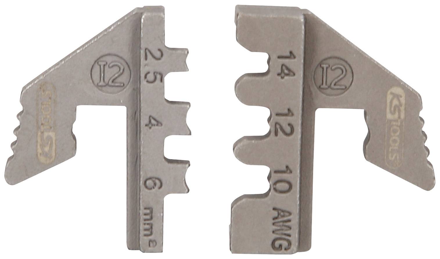 Dva metalna dijela za skidanje izolacije s kabela, označena veličinama 'mm' i 'AWG', desno s logotipom KS Tools.