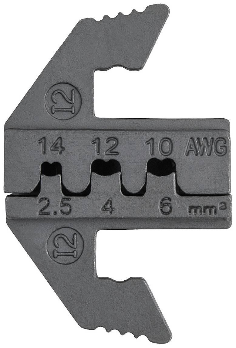 Crni glava za rezanje žice s označenim otvorima za različite debljine žice, od 12 do 6 mm² i AWG 14 do 10.