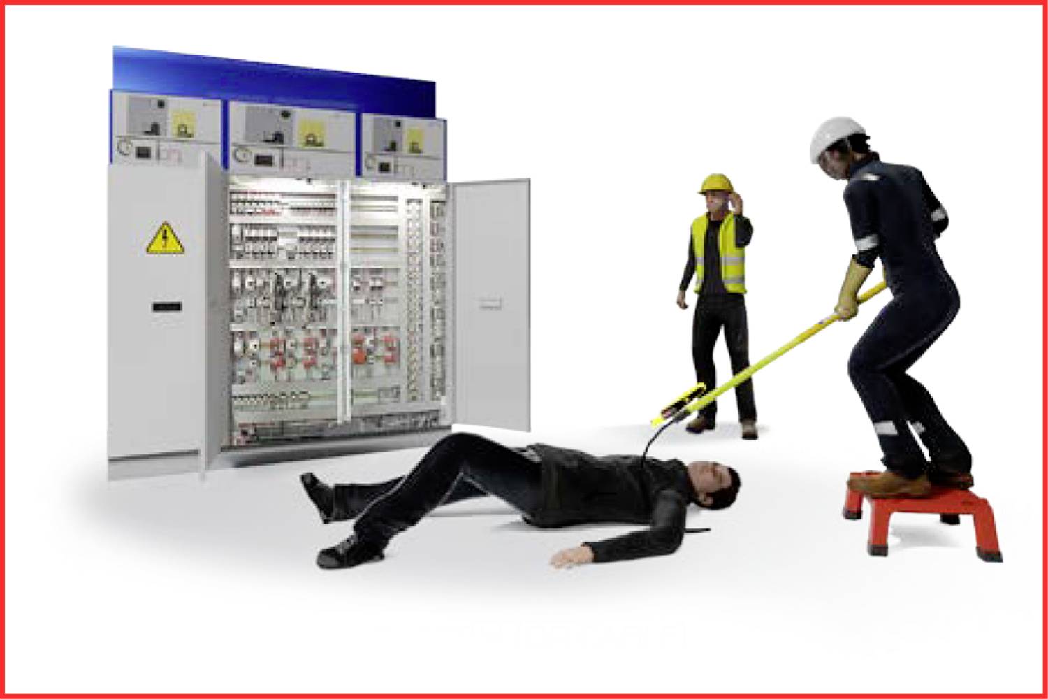 Radnik leži bez svijesti ispred otvorene električne razvodne kutije. Dva radnika mu pružaju pomoć, jedan koristi sigurnosnu kuku.