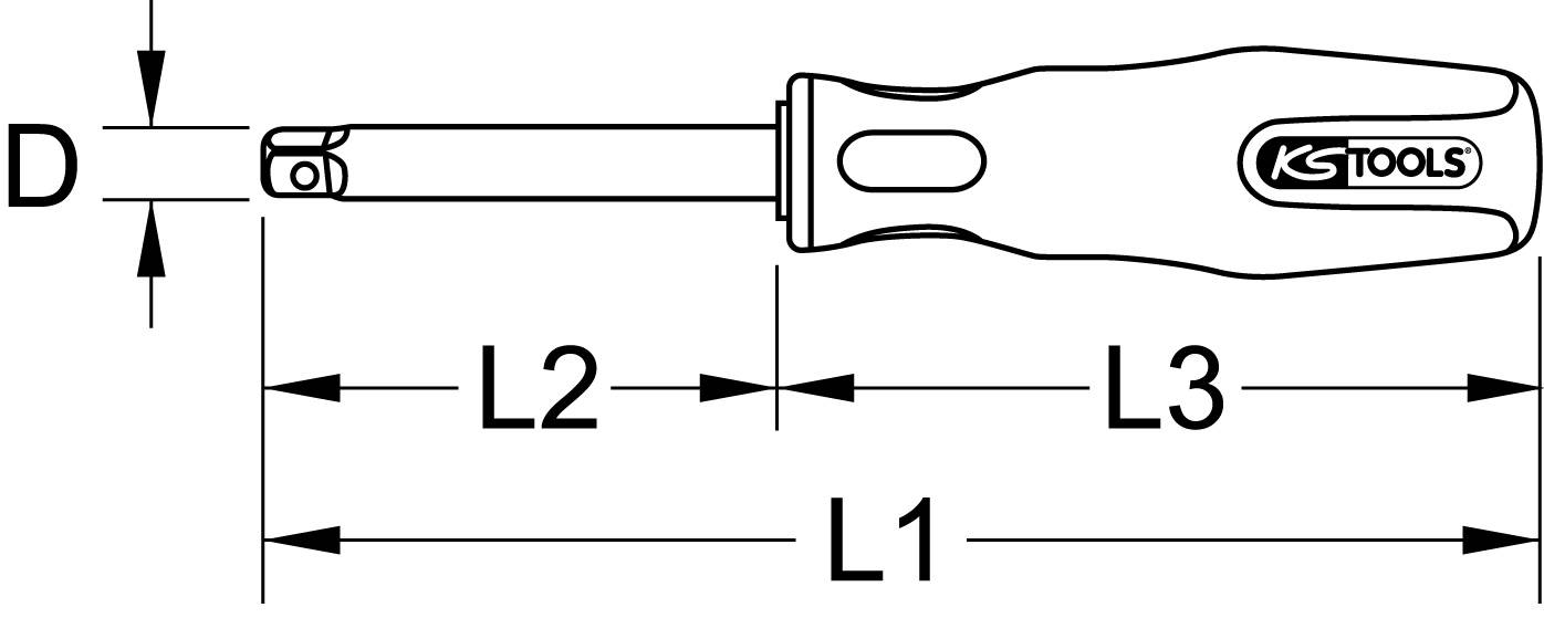 Tehnički nacrt odvijača s mjerama. Označeno 'KS Tools'. Duljina drška 'L2', ručka 'L3', ukupna duljina 'L1'.