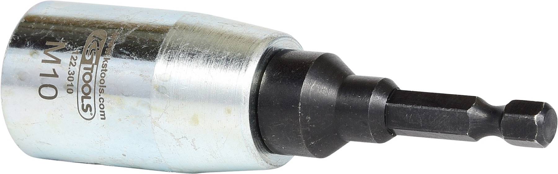 Metalni adapter za ugradnju s šesterokutnom glavom i natpisom 'Stools M10'. Koristi se za stezanje ili montažne radove.