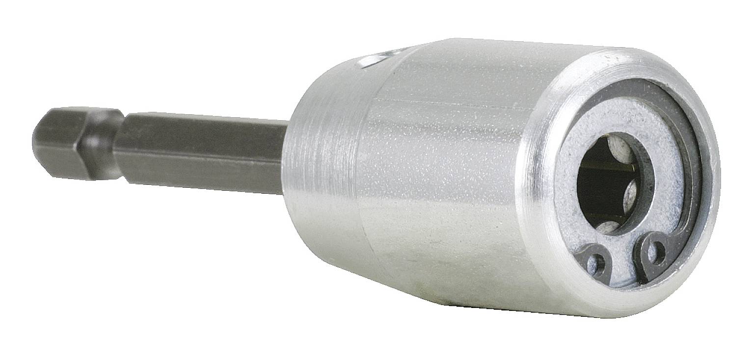 Srebrenkasti dio alata s crnom drškom i kružnim otvorom; vjerojatno bit nastavak za bušilicu.