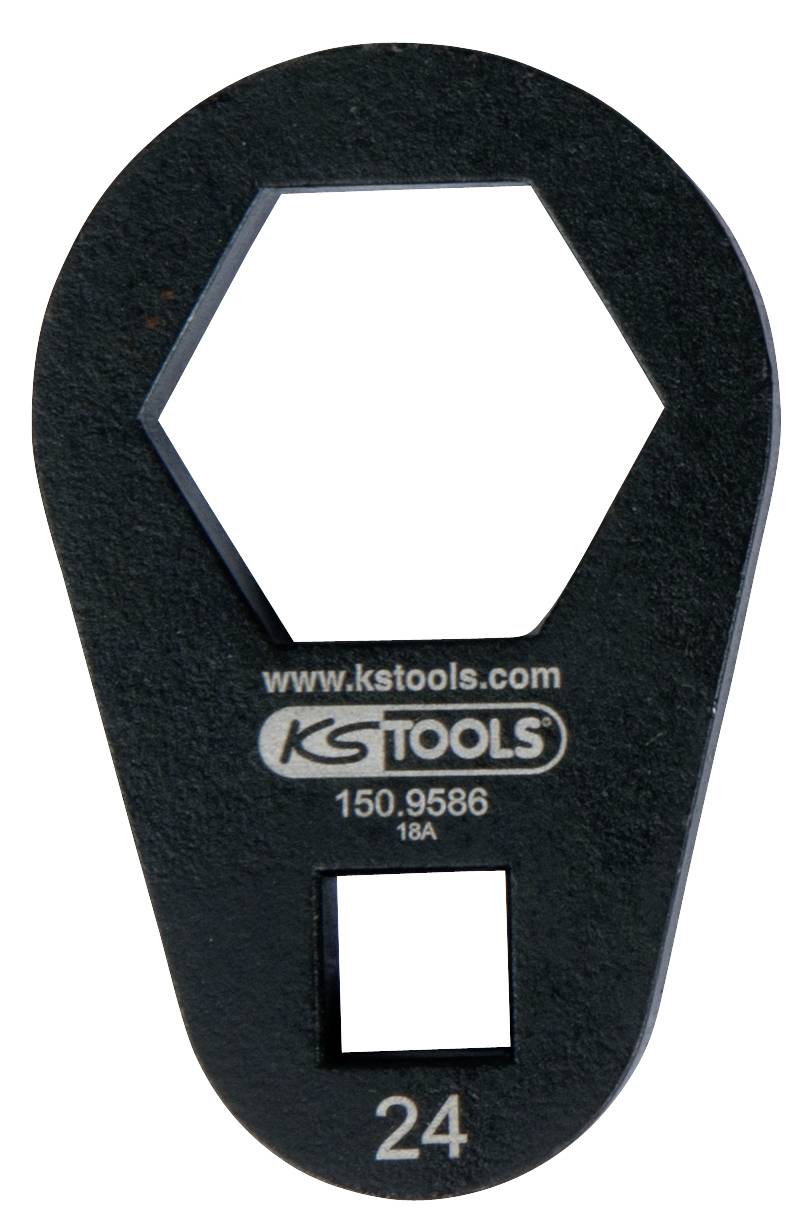 Crni alat sličan prstenu ključa, s šesterokutnim otvorom gore i kvadratnim otvorom dolje. Natpis: 'KsTools' i '24'.