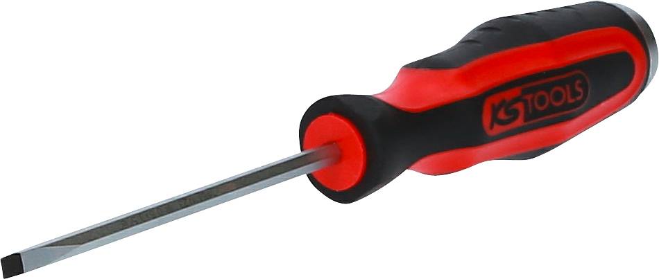 Odvijač s crvenom i crnom ručkom, ravnog oštrica. Naziv marke 'KS Tools' na ručki.