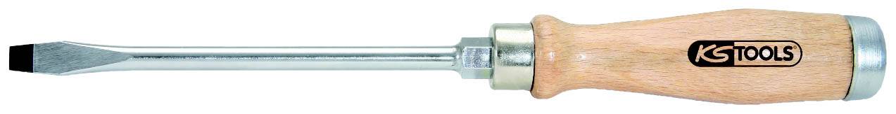 Odvijač s drvenom ručkom i metalnim nastavkom, obilježen logom 'KS Tools'.