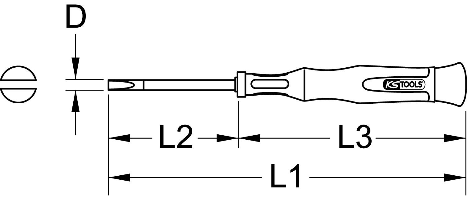 Nacrt ravnog odvijača s dimenzijskim oznakama: D (promjer), L1 (ukupna duljina), L2 (duljina oštrice), L3 (duljina drške).