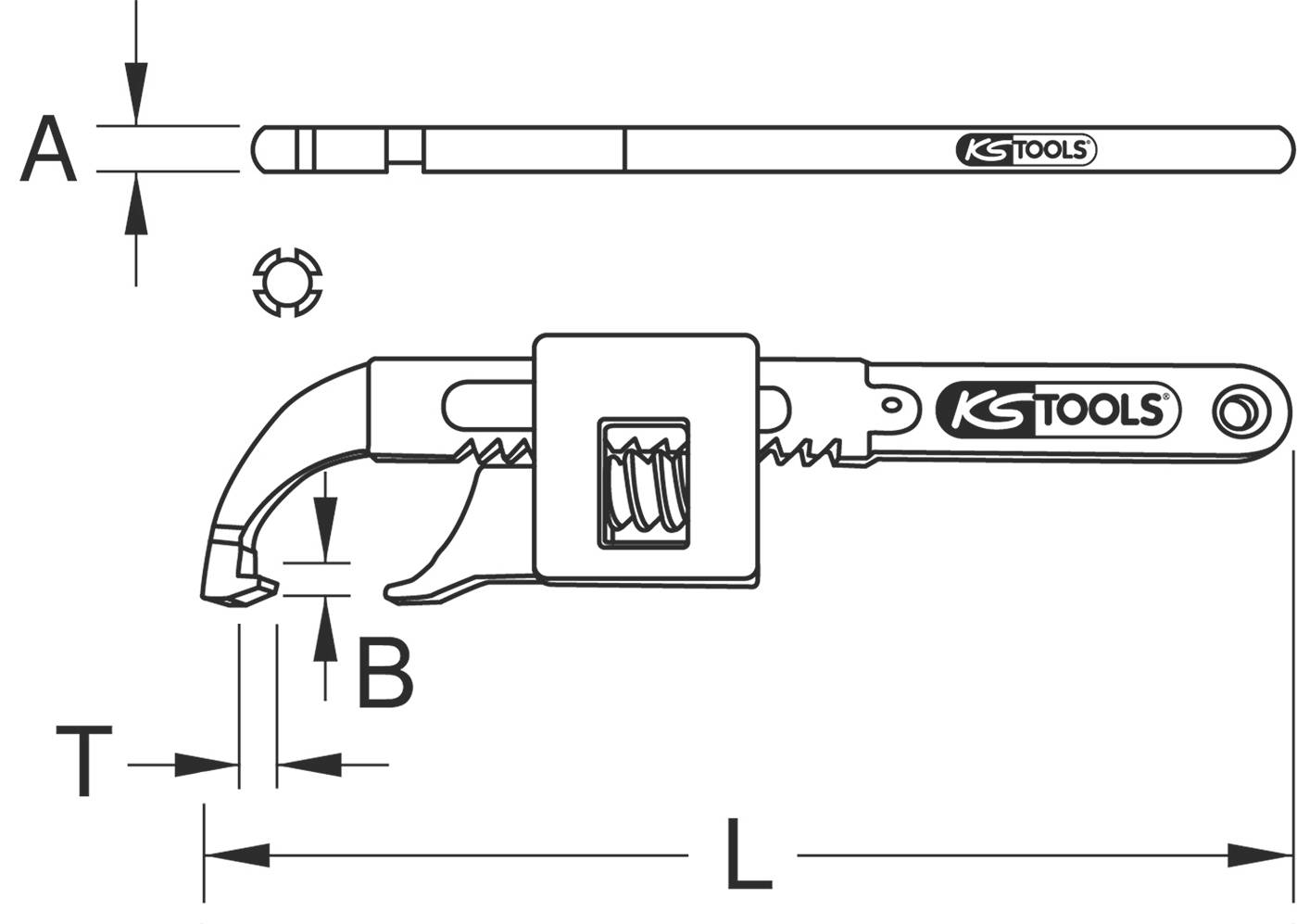 Ilustracija podesljivog ključa cijevi tvrtke KS Tools, s bočnog i gornjeg kuta, označena dimenzijama A, B, T i L.