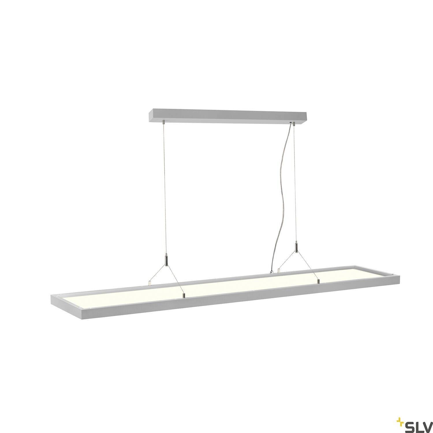 Viseća lampa s pravokutnim, ravnim tijelom lampe. Jednostavan, moderan dizajn, pogodan za osvjetljenje ureda ili blagovaonice.