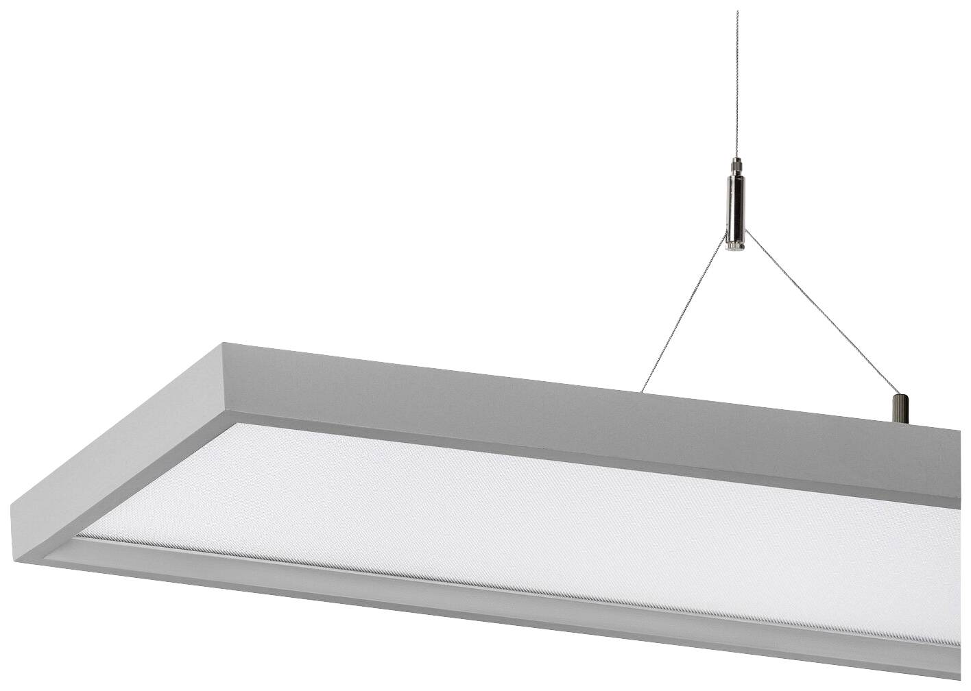 Pravokutni, moderni LED stropni luster visi na tankim žicama, pogodan za minimalistično uređenje prostora.