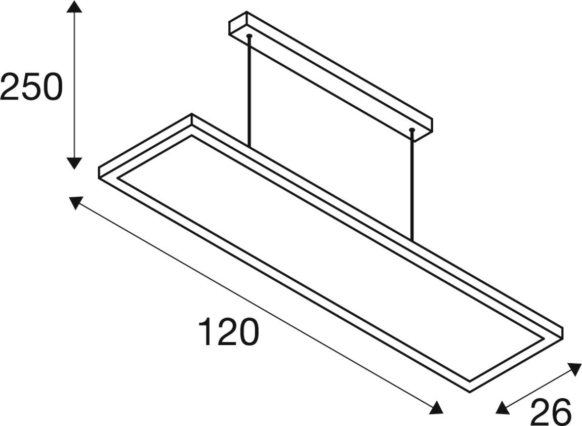 Mjere pravokutne stropne lampe: Duljina 120 cm, širina 26 cm, visina 250 cm. Pravokutna ploča s nosačem gore.
