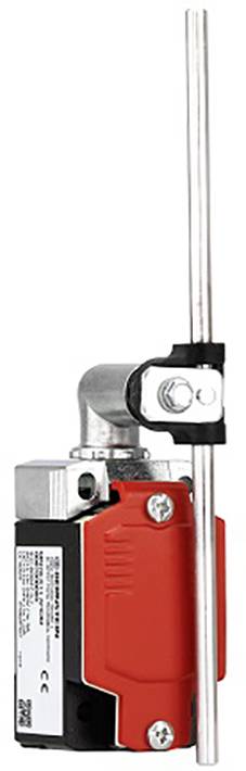 Crveni mikroprekidač s metalnom polugom, pogodan za industrijsku automatizaciju ili upravljanje strojevima.