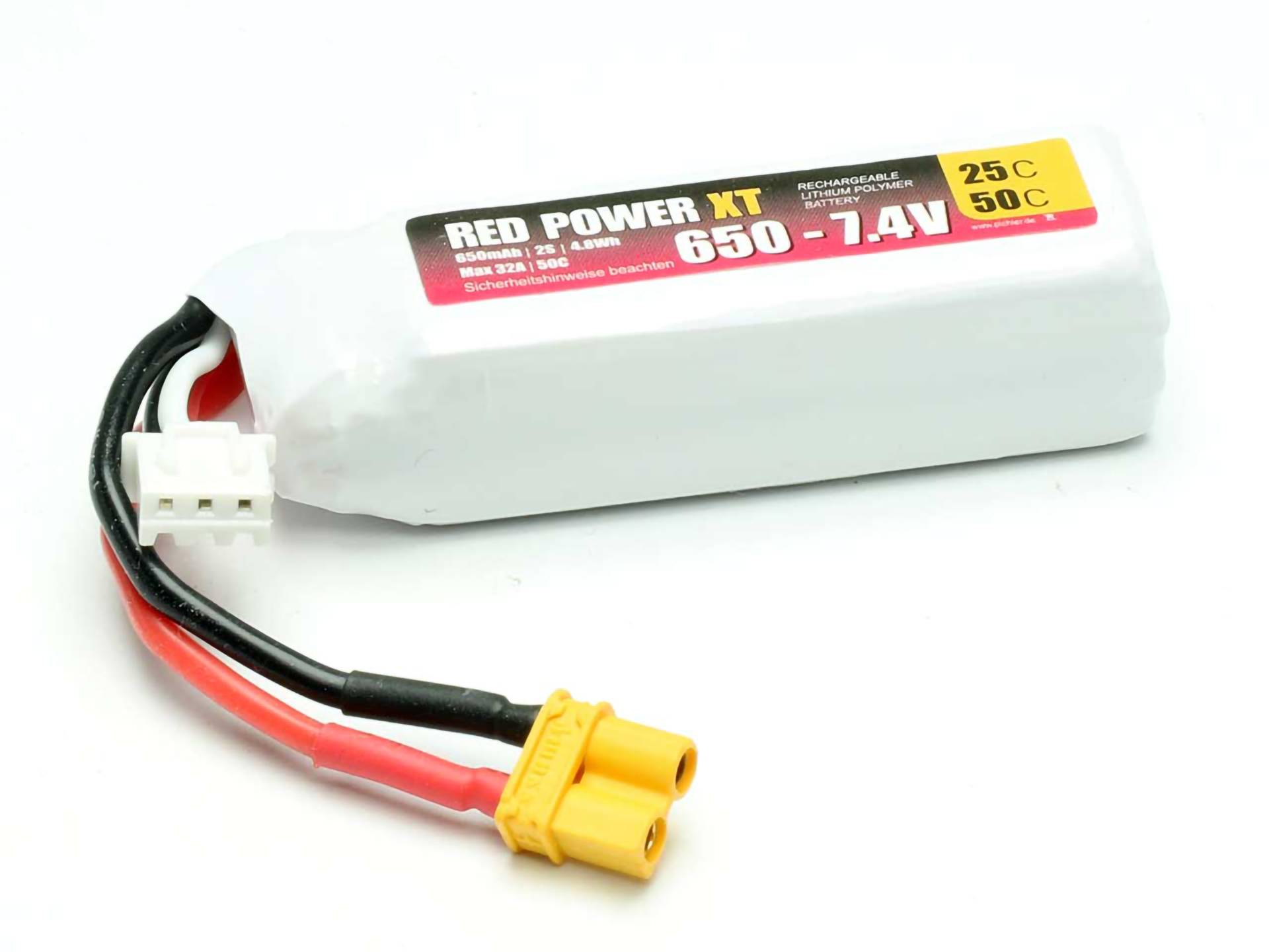 Bijeli, punjivi baterijski paket s kabelom i utikačima, oznake 'RED POWER XT 650 - 7.4V', pogodan za elektroničke uređaje.