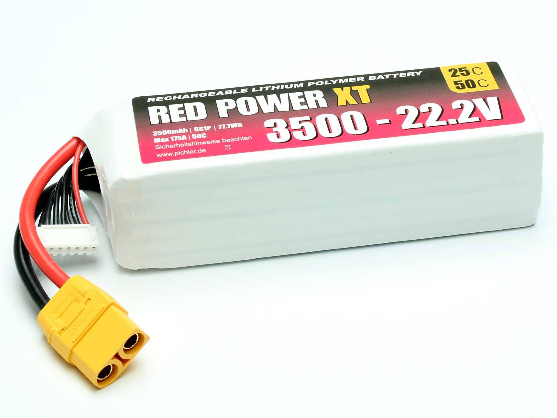 Litij-polimerska baterija s natpisom 'Reid Power XT 3500 - 22.2V'. Žuti priključni kabel. 25C i 50C, bijela ambalaža.