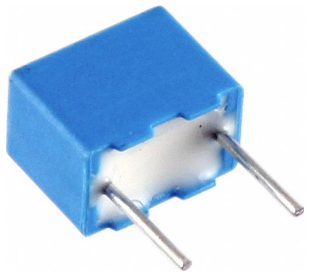Plava pravokutna elektronička komponenta s dva metalnih kontakta koja strše s jedne strane, često korištena u krugovima.