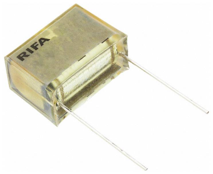 Pravokutna RIFA elektronička komponenta s dva izbočena metalna kraja, vjerojatno kondenzator, korištena u elektroničkim sklopovima.