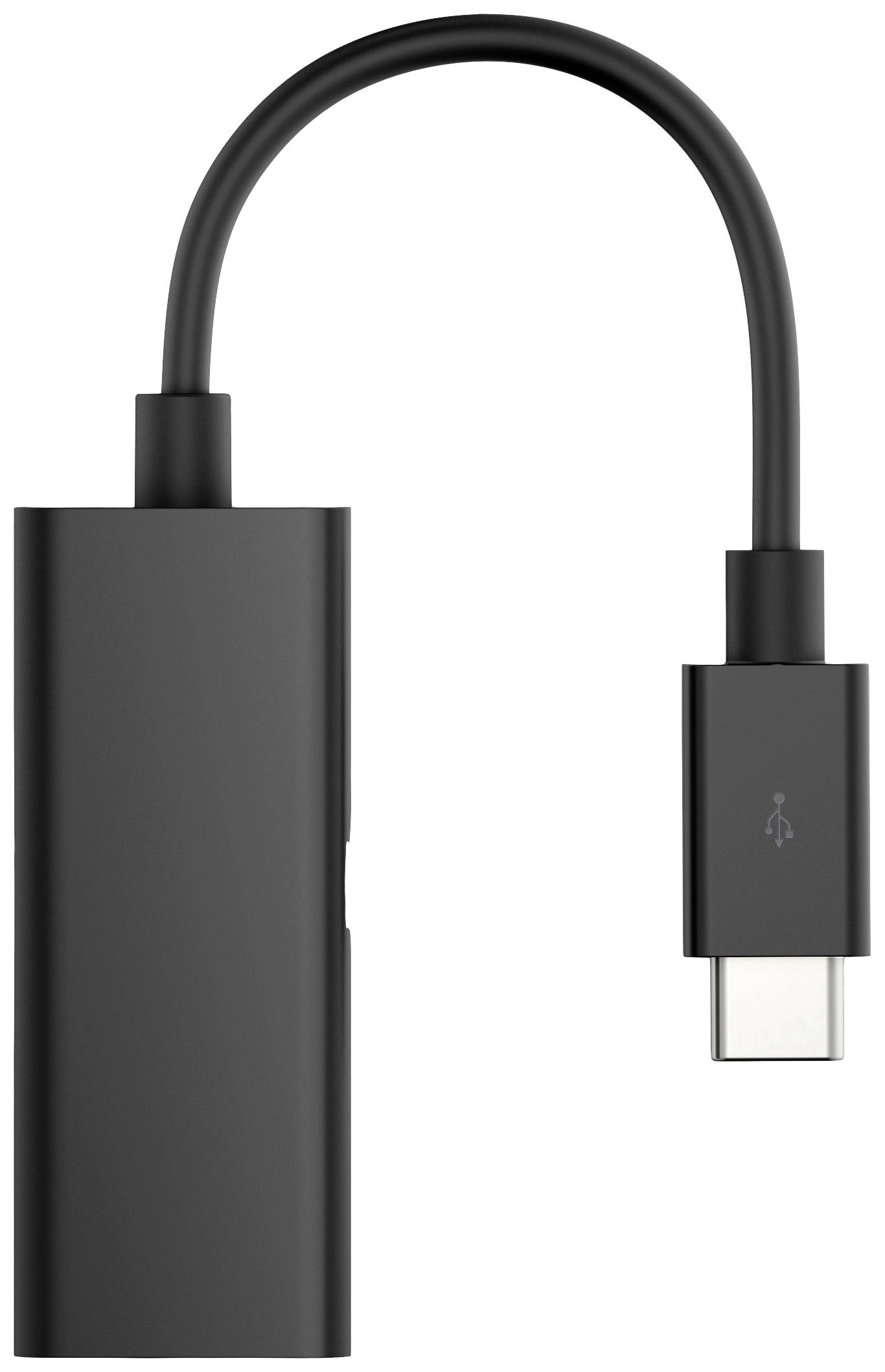 USB-C do Ethernet adaptera u crnoj boji; plosnati dizajn s fleksibilnim kabelom. Omogućava mrežno povezivanje za USB-C uređaje.