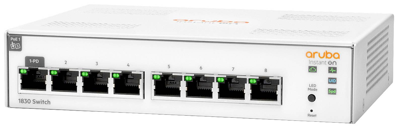Mrežni switch s 8 Ethernet priključaka, označenih brojevima od 1 do 8. LED indikatori prikazuju status povezivanja. Marka "Aruba".