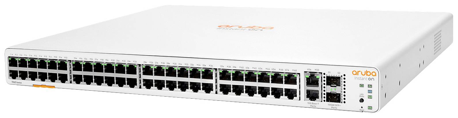 Bijeli mrežni switch od Arube s 48 portova i dodatnim SFP+ priključcima. Uređaj služi za mrežno povezivanje i upravljanje.