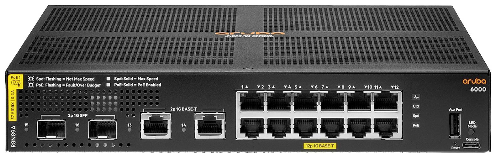 Mrežni switch marke 'aruba' s nekoliko Ethernet priključaka za prijenos podataka, model RMN: 9GA.