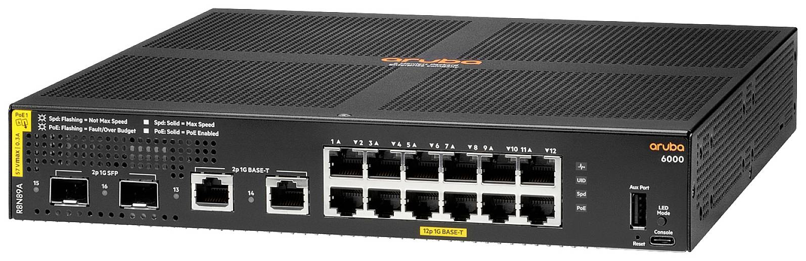 Mrežni switch s više Ethernet priključaka i indikatorima statusa i aktivnosti. Označen kao 'Aruba 6000'.